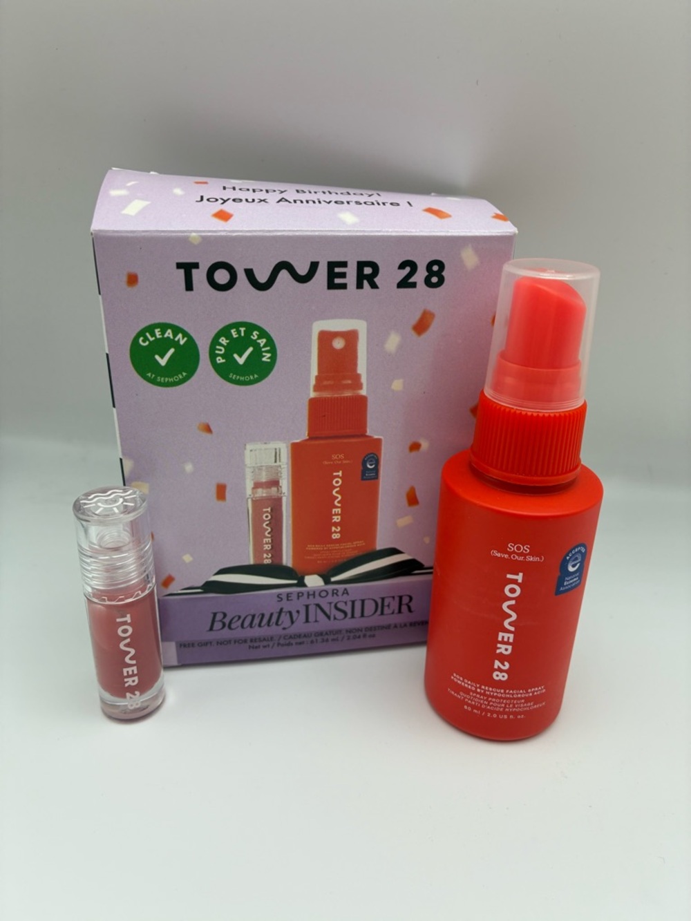 Tower 28 SOS Daily Rescue Facial Spray & Shine On Lip Jelly in Shade Pistachio